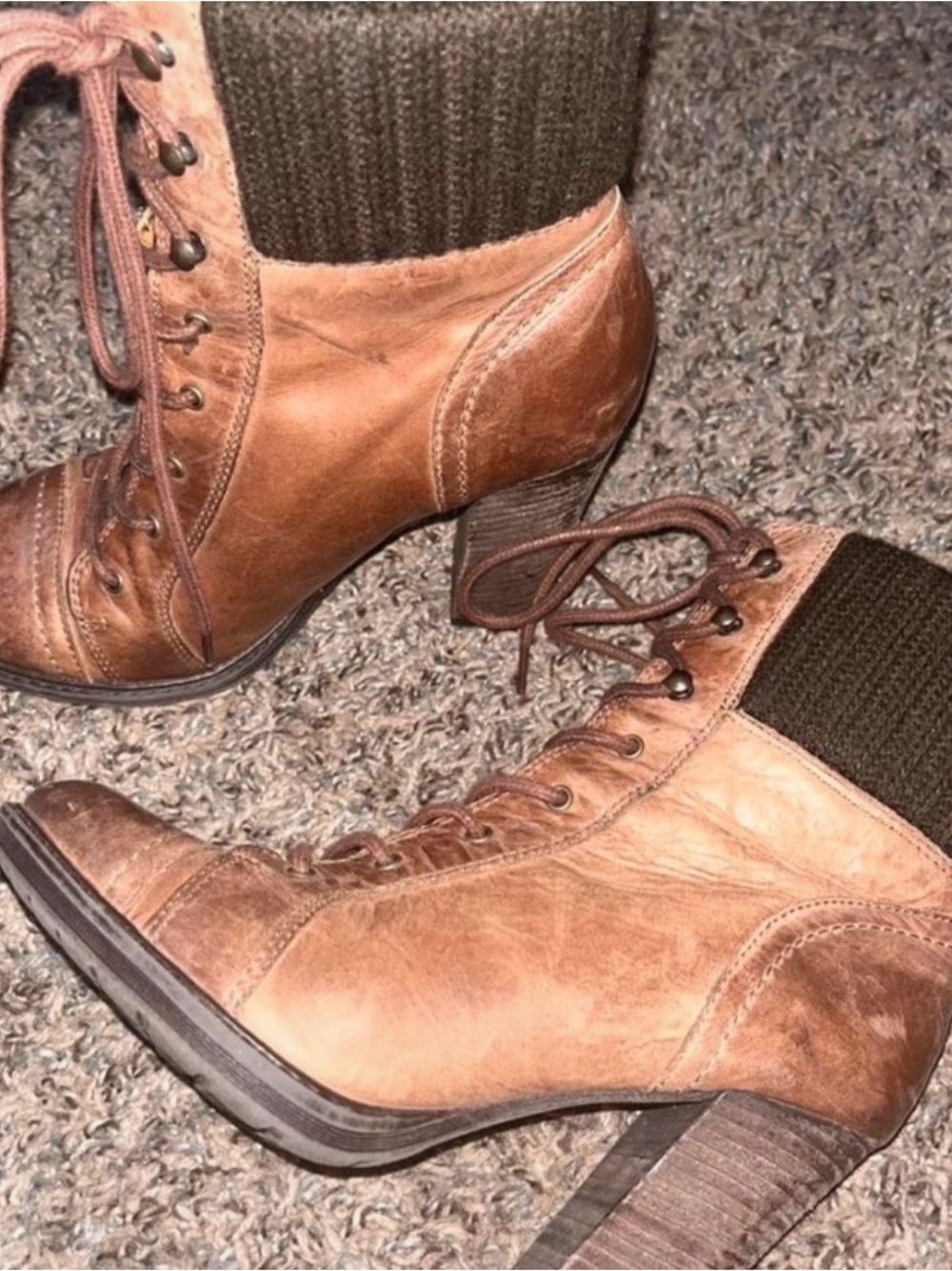 ALDO Vintage Distressed Brown Leather Knit Cuff Ankle Boots Discontinued
